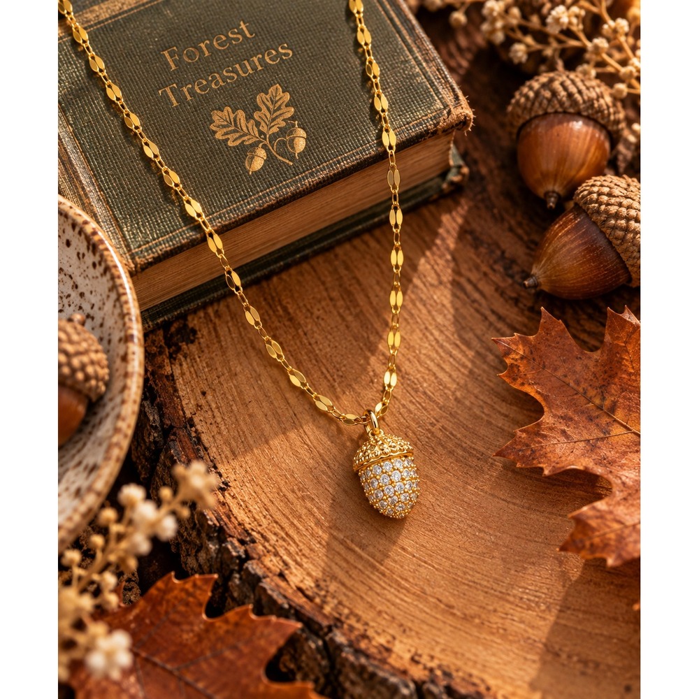 CZ Pave Acorn Necklace Gold Plated Pendant Fall Woodland Jewelry 18"